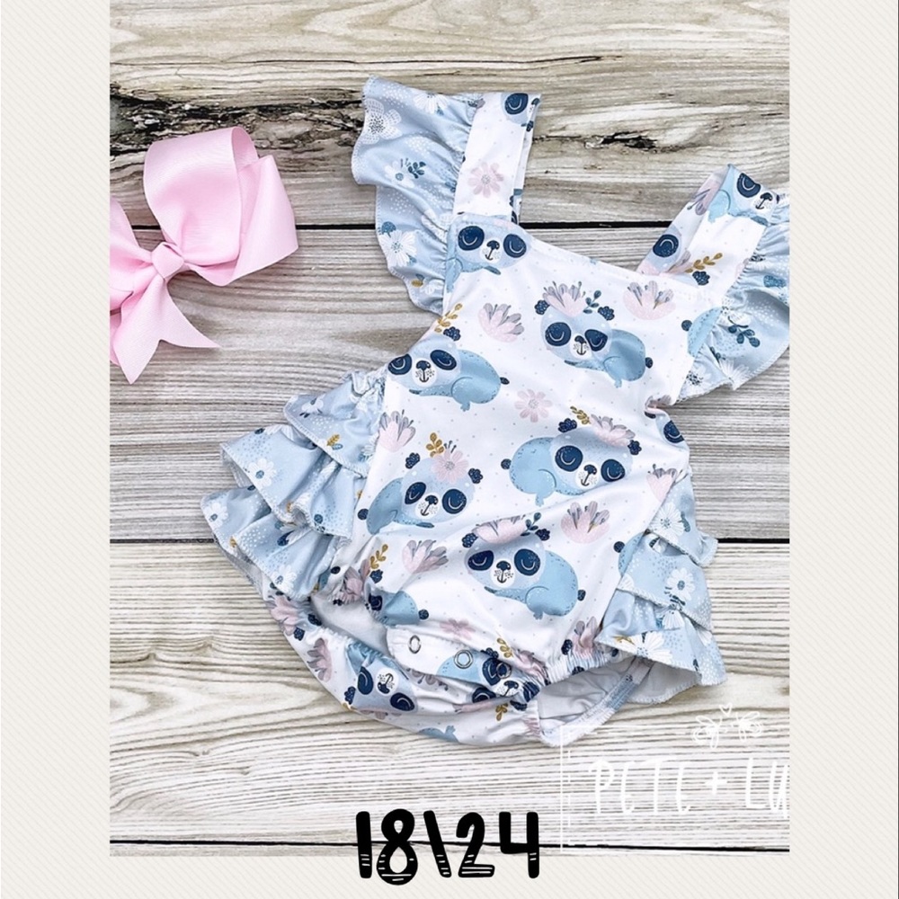 Blue and Pink Ruffled Bodysuit with Panda Print